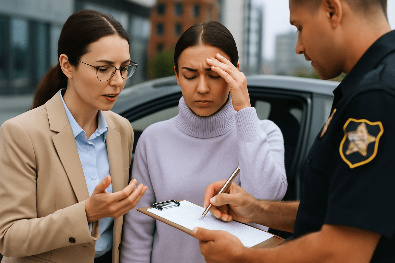 Female driver consults with attorney and officer after receiving a traffic citation