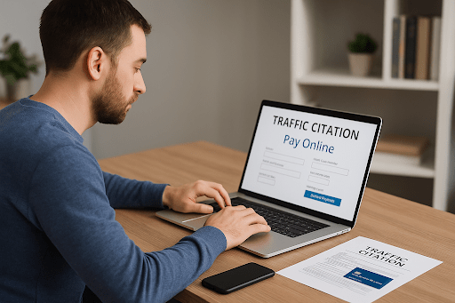 Driver using a laptop to pay a traffic ticket online through an official government website.