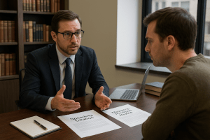 Concerned driver meeting with a traffic lawyer to discuss insurance rate increases after a speeding ticket.
