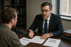 Professional traffic ticket lawyer advising a client on how to contest a speeding ticket in court.