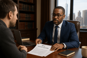 Traffic ticket lawyer in NYC reviewing a citation with a client in a law office.