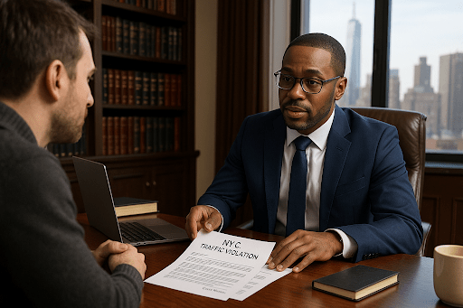 Traffic ticket lawyer in NYC reviewing a citation with a client in a law office.