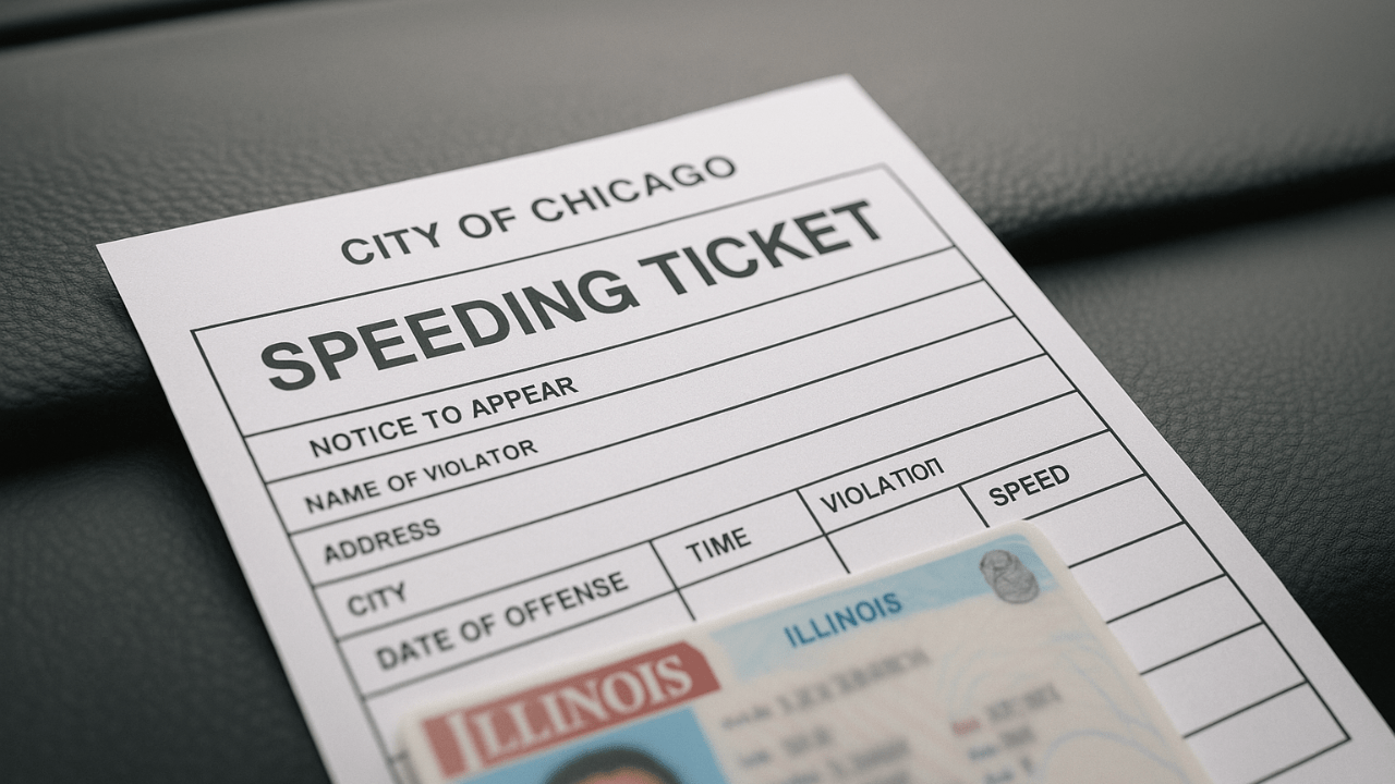 Close-up of a Chicago speeding ticket and Illinois driver’s license on a car dashboard