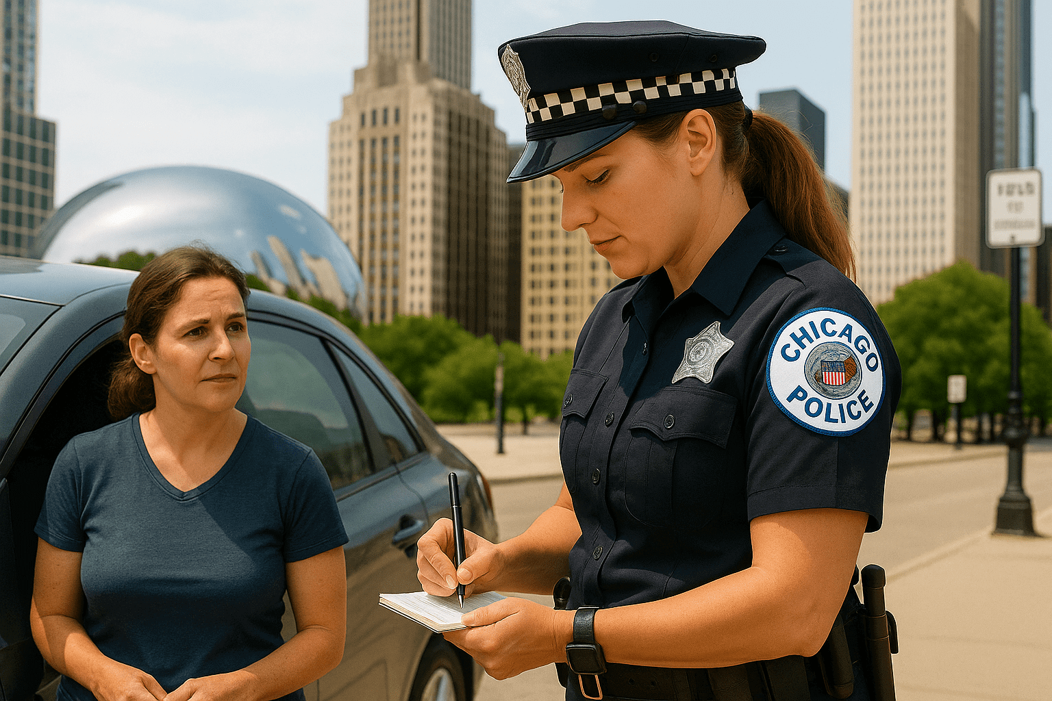 Chicago police officer issuing a traffic ticket to a driver on a city street