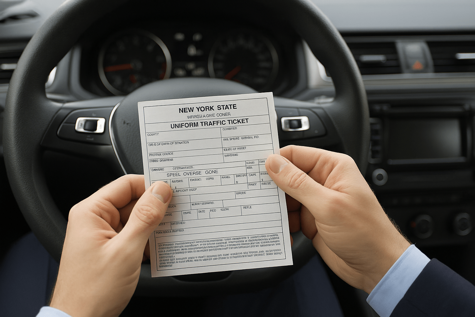 Person holding a New York State Uniform Traffic Ticket inside a car