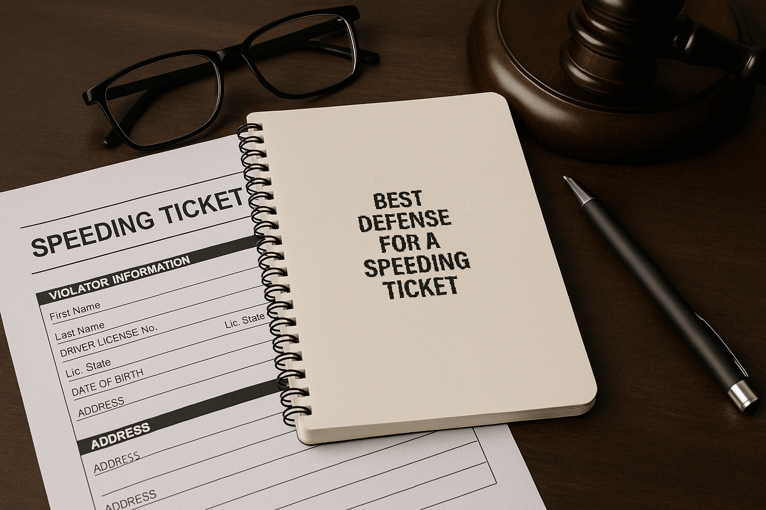 Desk with speeding ticket, notepad titled “Best Defense for a Speeding Ticket,” pen, gavel, and glasses
