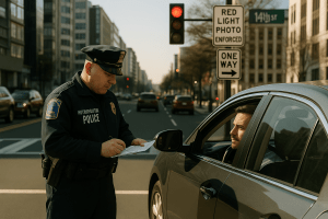 Washington DC driver being issued a traffic ticket by an officer after running a red light