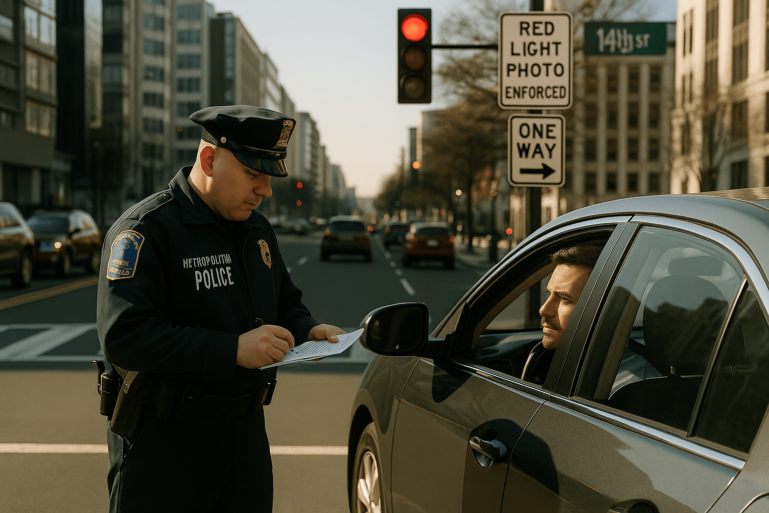 Washington DC driver being issued a traffic ticket by an officer after running a red light