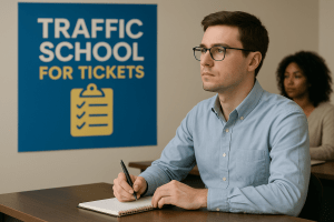 Man attending traffic school for tickets in a classroom setting