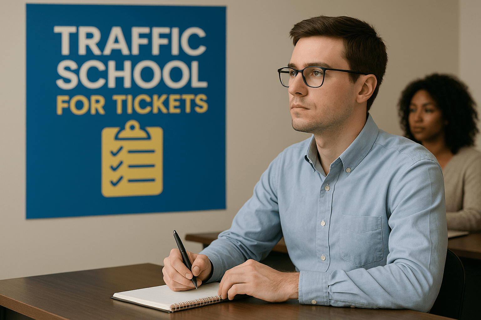 Man attending traffic school for tickets in a classroom setting
