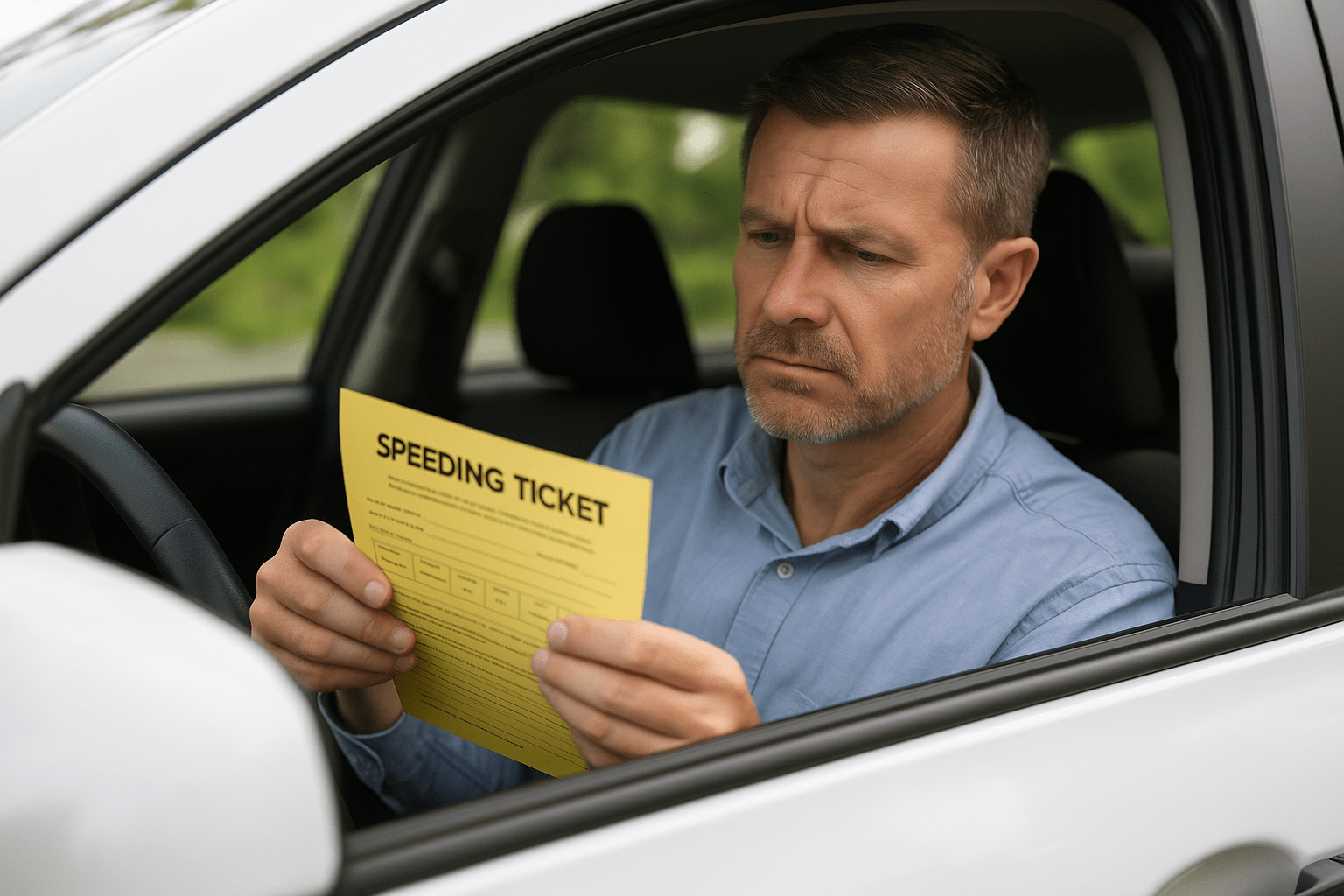 Man preparing to fight a speeding ticket at home using printed documents and a laptop