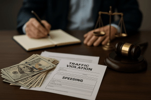 Law office desk with traffic violation form, cash, gavel, and justice scale
