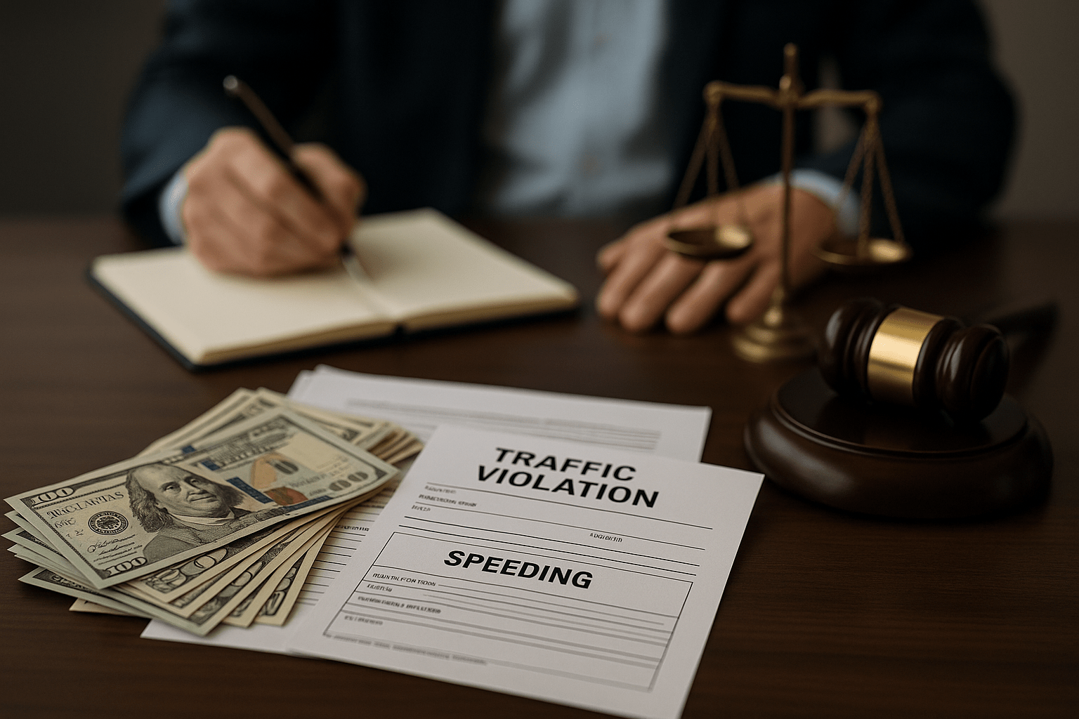 Law office desk with traffic violation form, cash, gavel, and justice scale