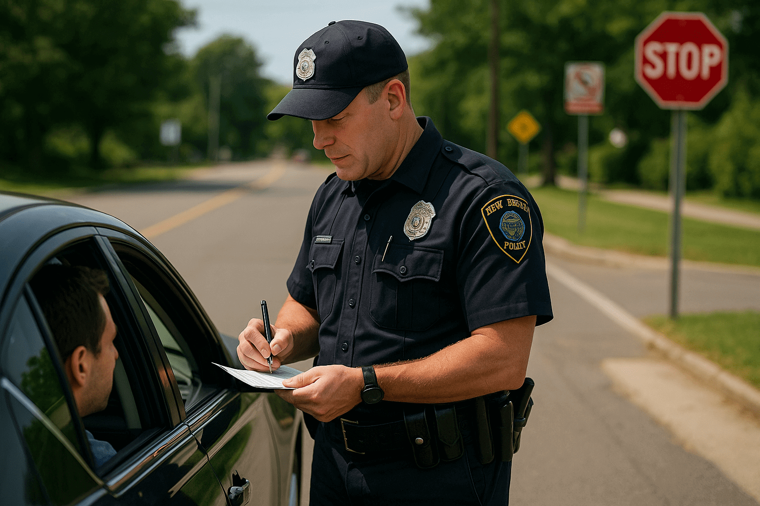 A police officer issuing an NJ traffic tickets to a driver during a roadside stop