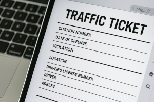 Close-up of a tablet screen displaying an online traffic ticket payment portal