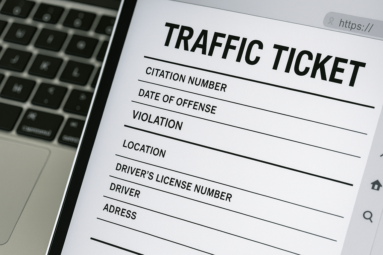 Close-up of a tablet screen displaying an online traffic ticket payment portal