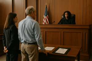 Driver and attorney standing in a traffic courtroom before a judge