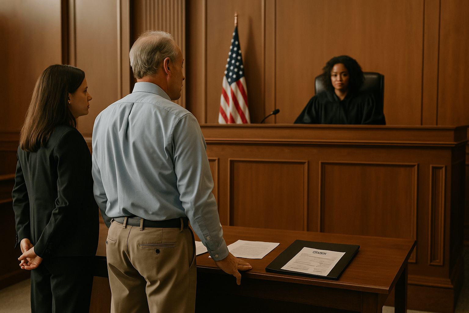 Driver and attorney standing in a traffic courtroom before a judge