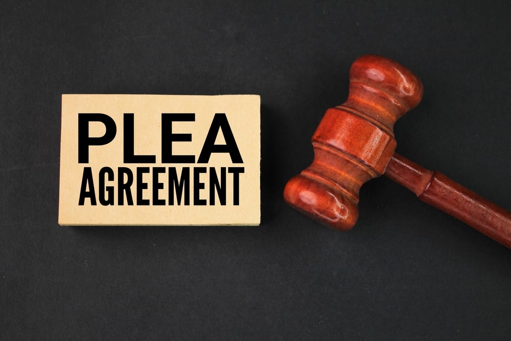 Wooden block with the words “Plea Agreement” beside a judge’s gavel, symbolizing legal decisions and court outcomes.