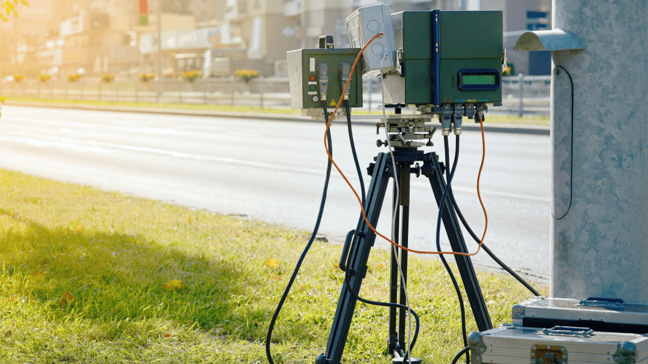 A roadside speed radar camera is set up on a tripod to detect speeding vehicles