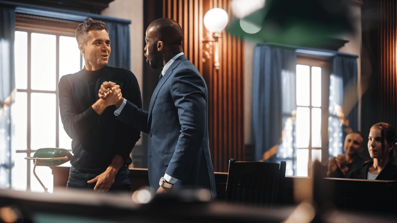 Man and attorney celebrate in courtroom — what is the best plea for a speeding ticket?