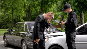 Man in suit stressed after car accident while police officer writes citation for potential reckless driving charges that need dismissal