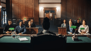 Professional courtroom scene showing what to expect at a traffic court hearing with judge and attendees