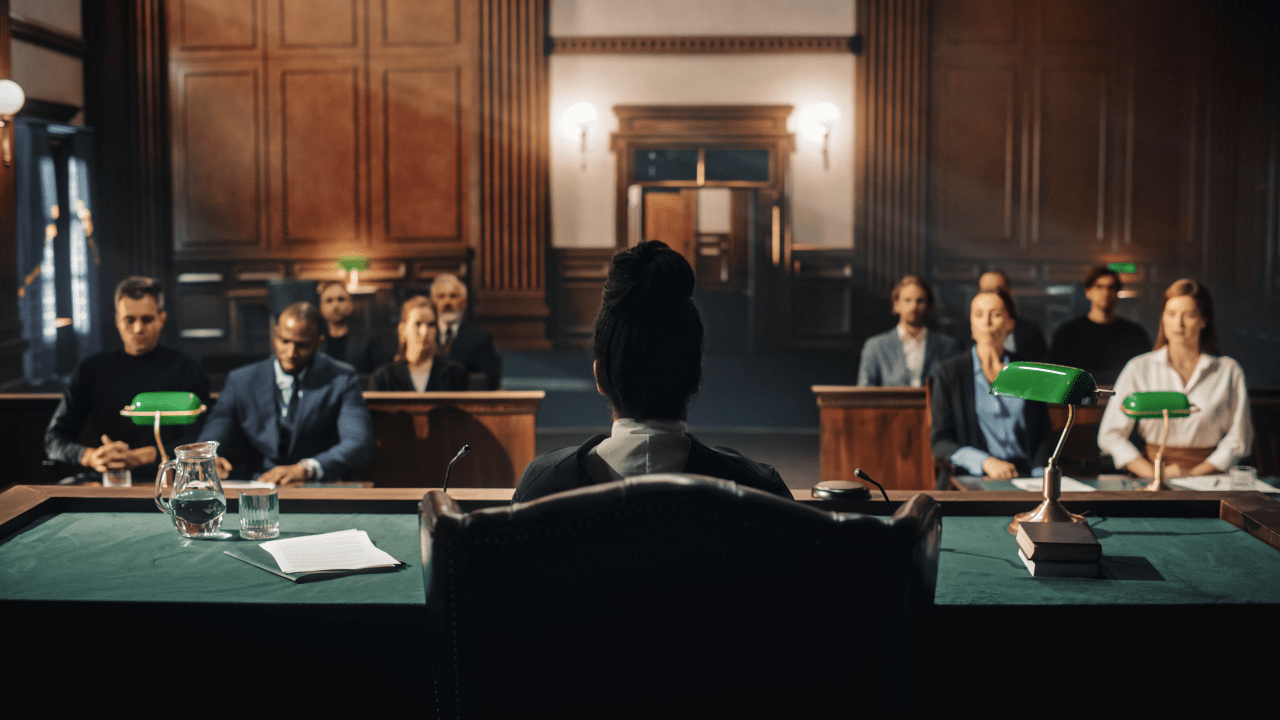 Professional courtroom scene showing what to expect at a traffic court hearing with judge and attendees