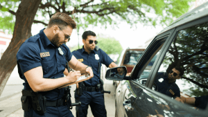 Police officers conducting traffic stop writing ticket showing how traffic violations affect insurance premiums