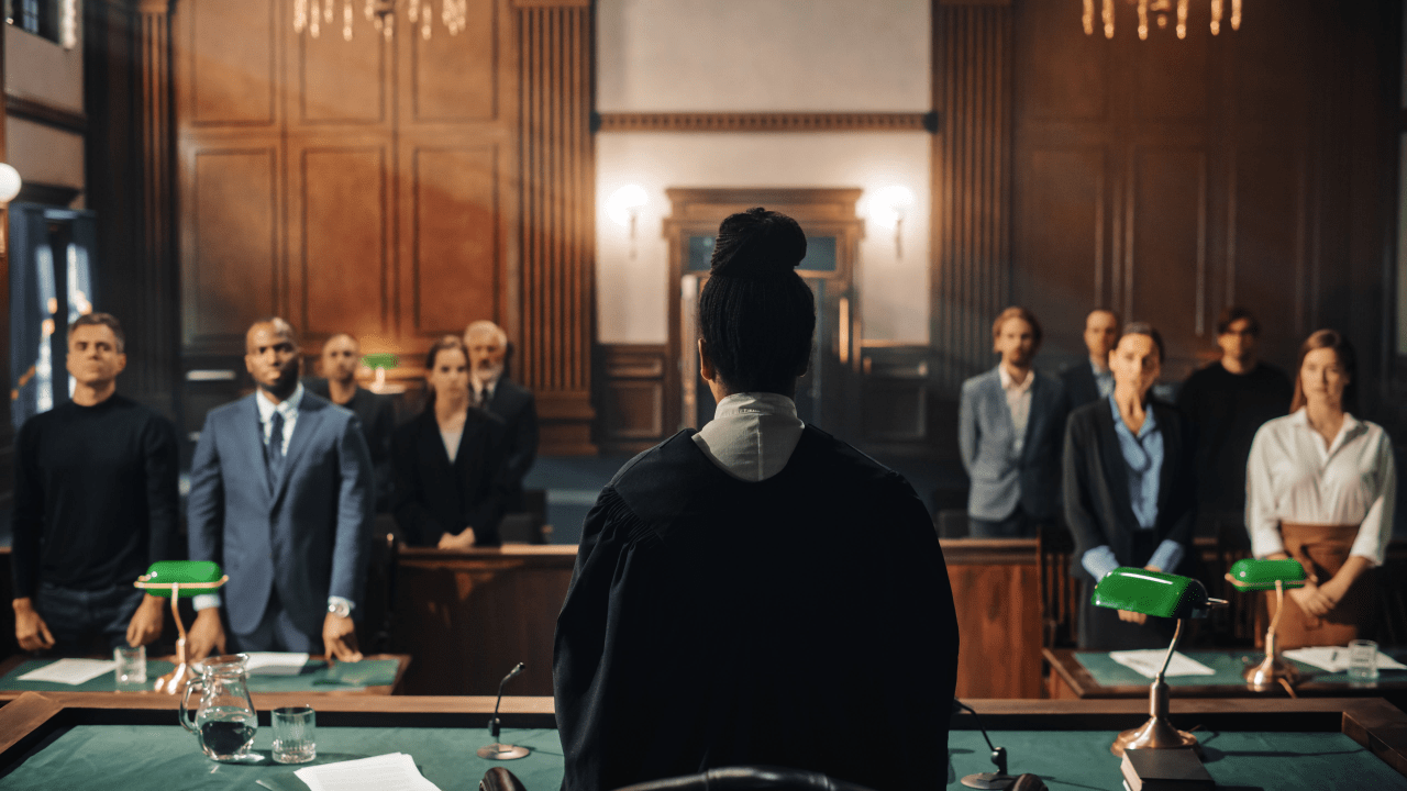 Lawyer help for traffic court case dismissal courtroom scene with attorney addressing judge