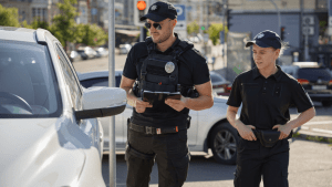 Police officers conducting traffic stop to address common traffic violations and consequences on city street