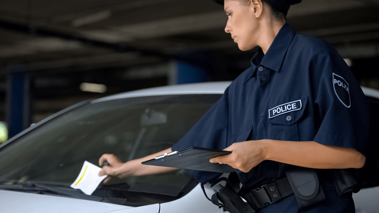 Police officer issuing traffic citation in parking lot demonstrating do traffic laws apply in parking lots enforcement