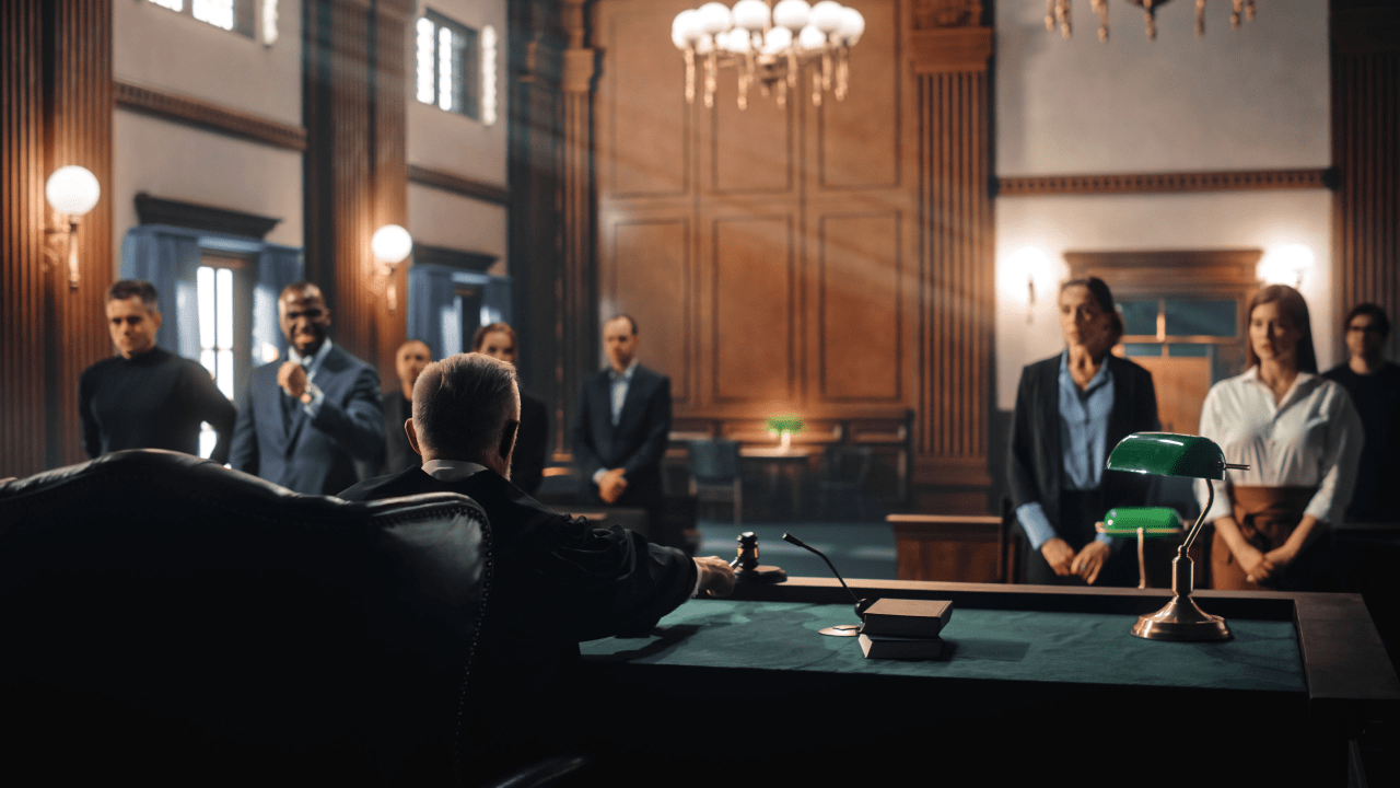 Defendants learning what to bring to court for a traffic ticket during courtroom hearing with judge presiding