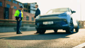 DOT officer conducting traffic stop on non-CDL driver in blue sedan on urban street