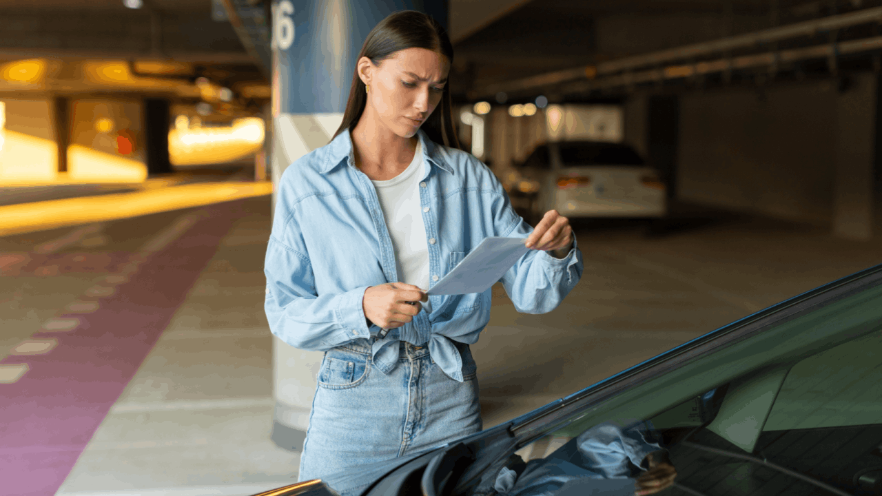 Woman reviewing traffic ticket in parking garage wondering how long tickets stay on your record in North Dakota