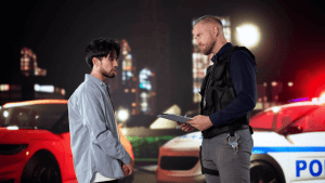 Police officer conducting first time DUI traffic stop with driver at night explaining penalty under state law