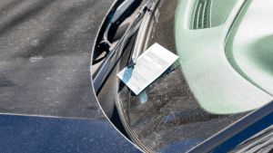 Is careless driving a criminal offense — traffic ticket placed under windshield wiper on blue car